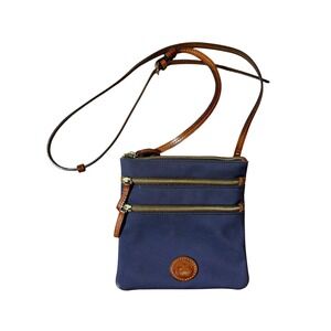 Dooney Bourke Navy Blue‎ Nylon Leather Trim Crossbody Bag North South Triple Zip
